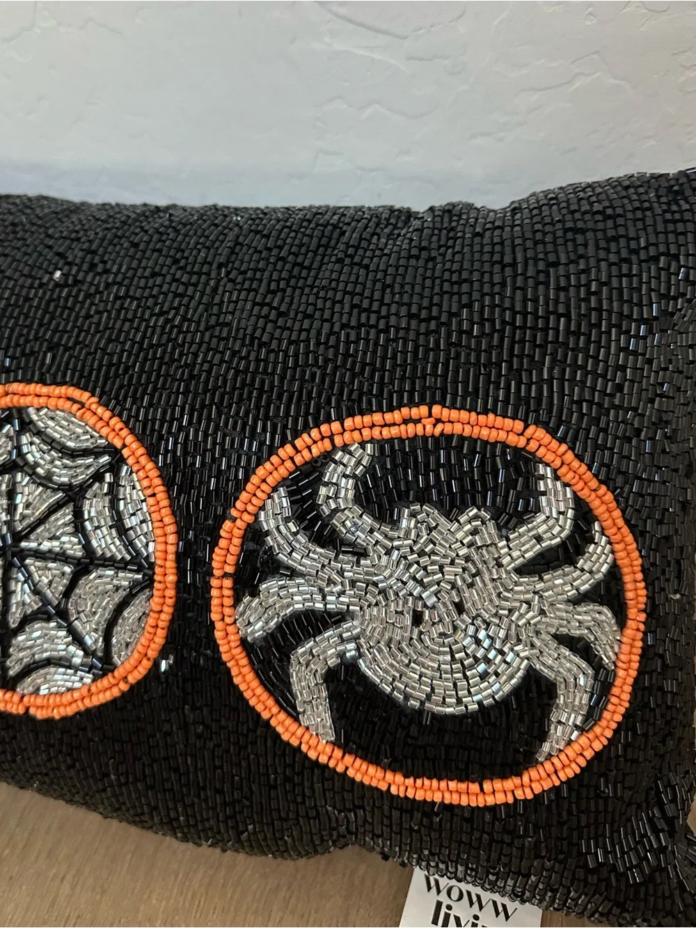 NWT WOWW Living Beaded “BOO” Spider Web Halloween Lumbar Pillow Black Orange